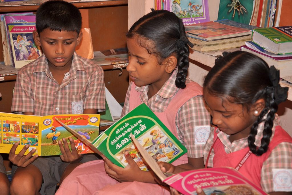 Children are encouraged to inculcate the habit of reading from a young age. The school has a well-equipped library with titles in English and Tamil.