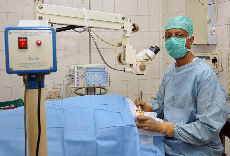 An ophthalmologist at work
